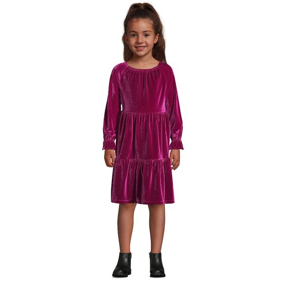 Girls Tiered A-line Long Sleeve Velvet Dress shirred pleated Purple Dark Magenta - Picture 2 of 7